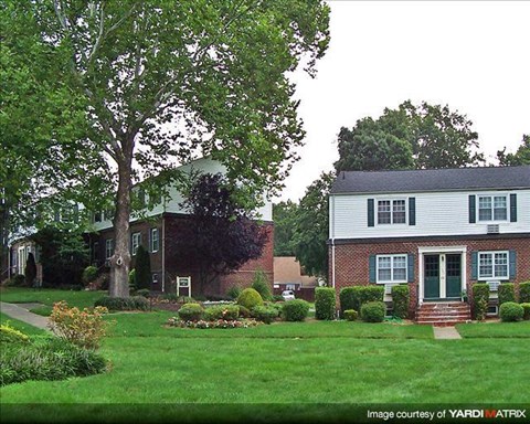 A white house with green shutters and a tree in front.