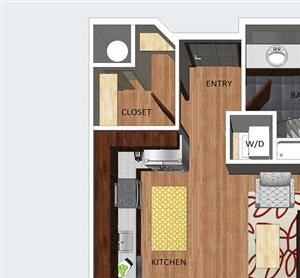 Soho studio one bathroom floor plan at The Flats at 84