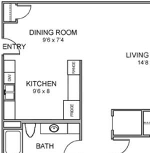 Sandy two bedroom one bathroom floor plan at Moore Place