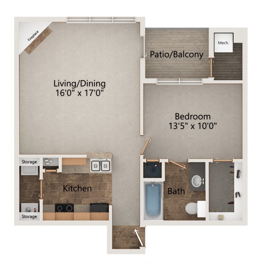 Canary one bedroom one bathroom floorplan at Stone Creek Villas in Omaha, Nebraska