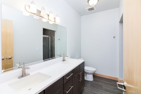 a bathroom with a large mirror and a sink and a toilet