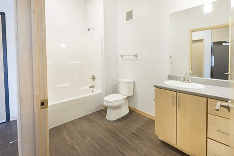 a bathroom with a toilet sink and tub and a mirror