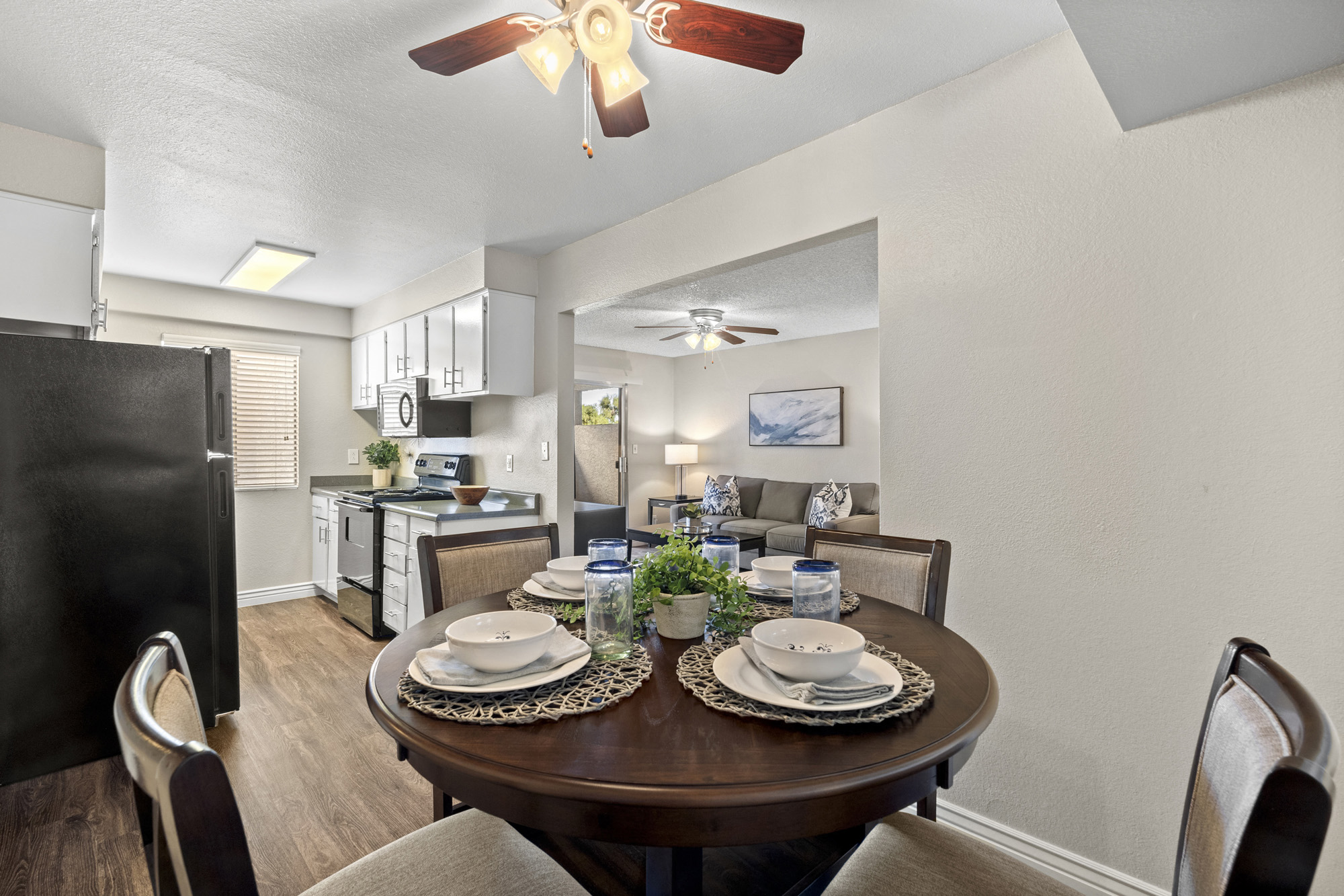 our modern kitchen and dining room are open to the living room