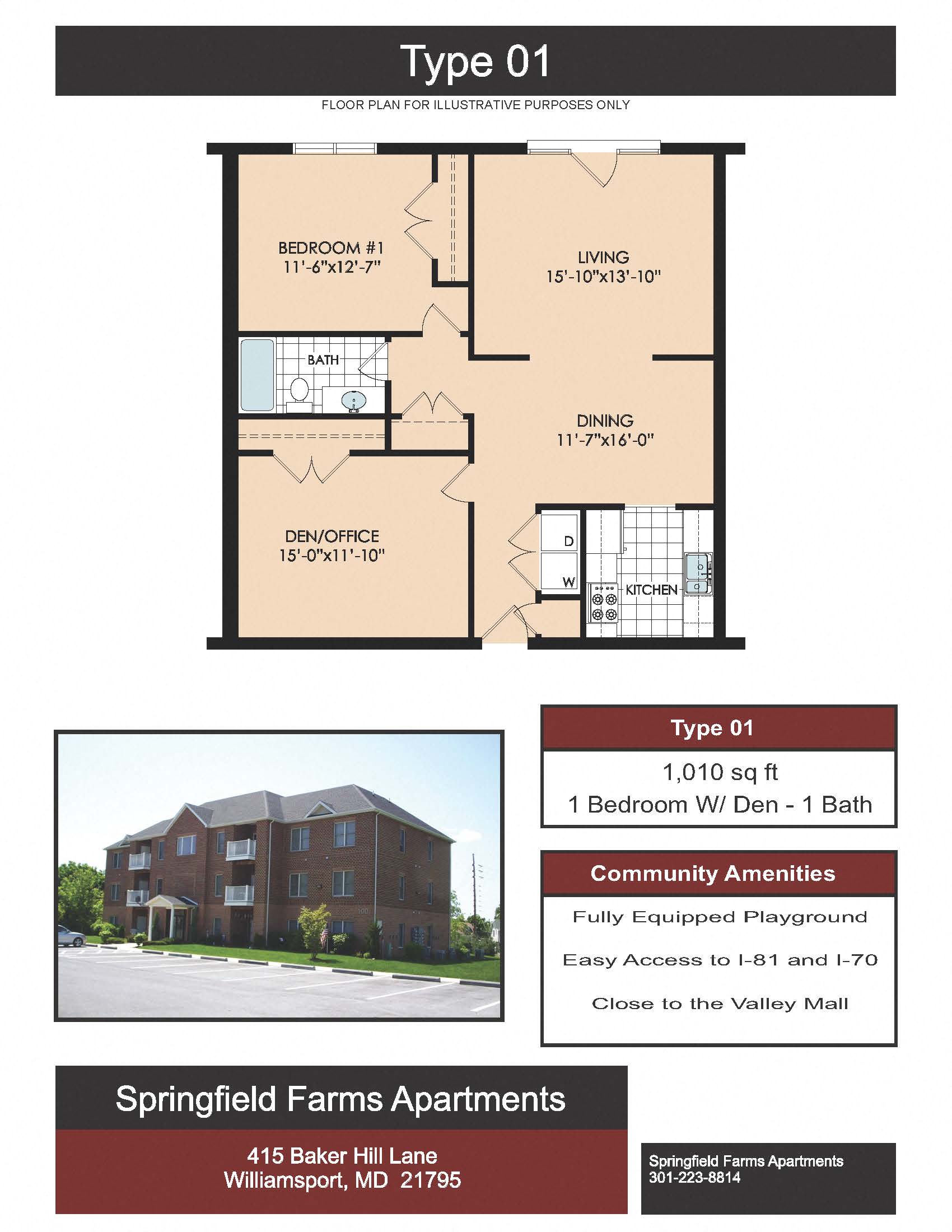 1 bd x 1 bath w/ 1 den