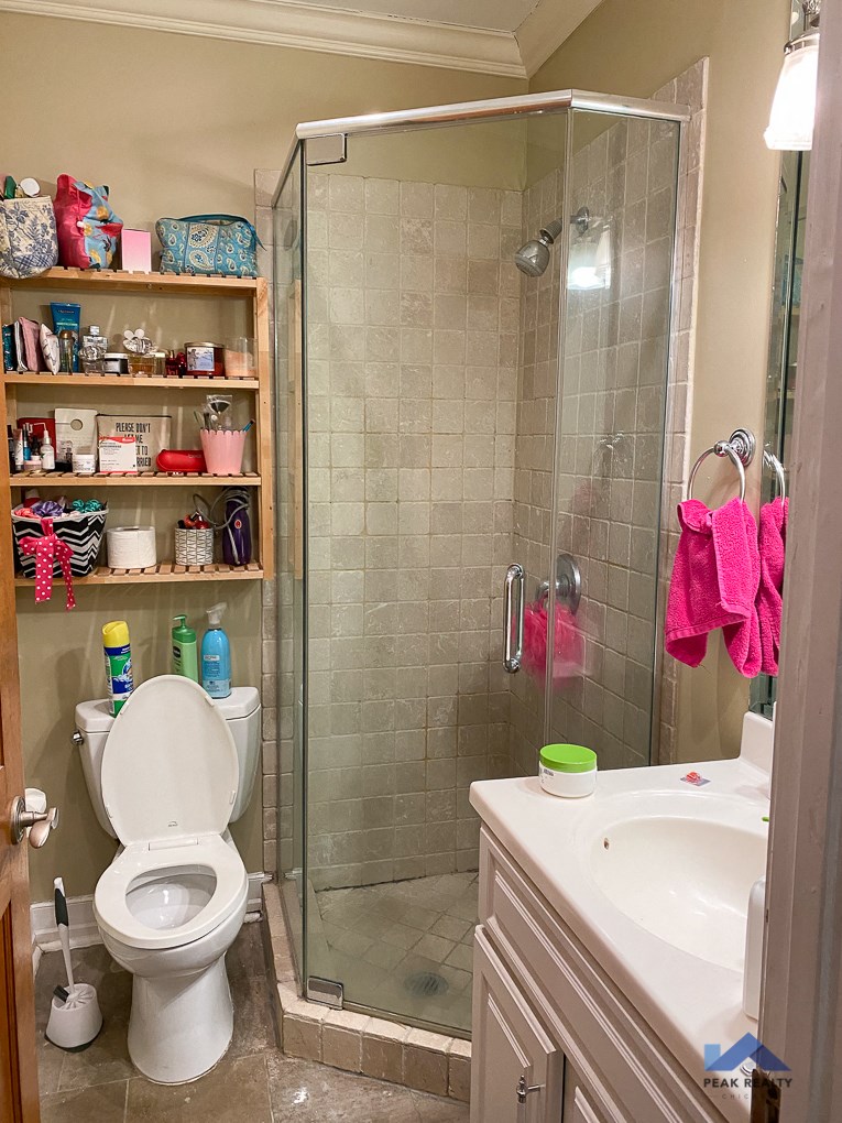 a bathroom with a shower and a toilet and a sink
