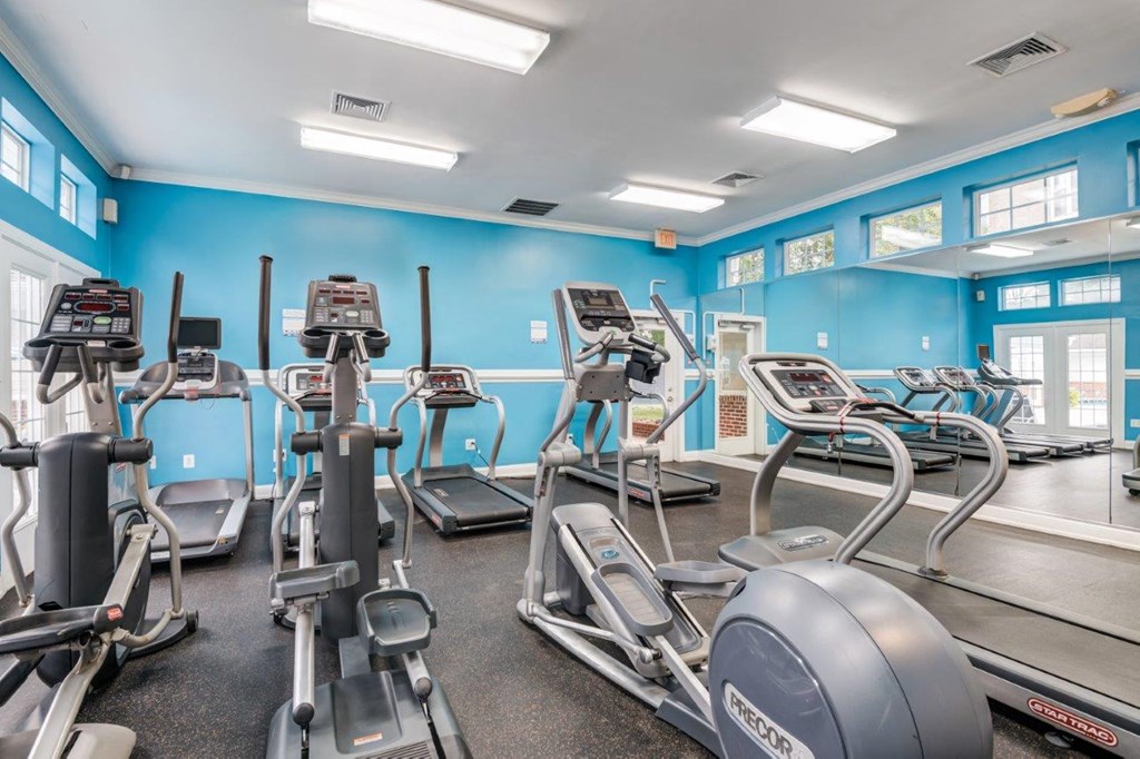 A gym with treadmills, elliptical machines, and a stationary bike.