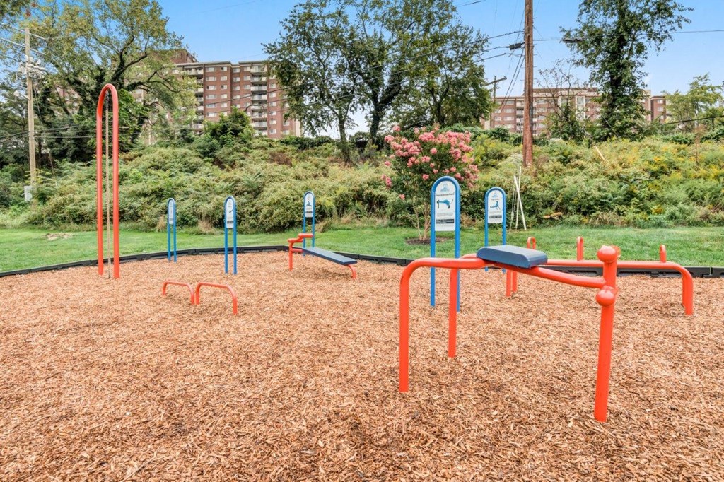 a playground with a swing set and monkey bars in a park