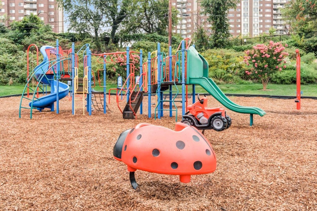 a playground with a assortment of toys in a park