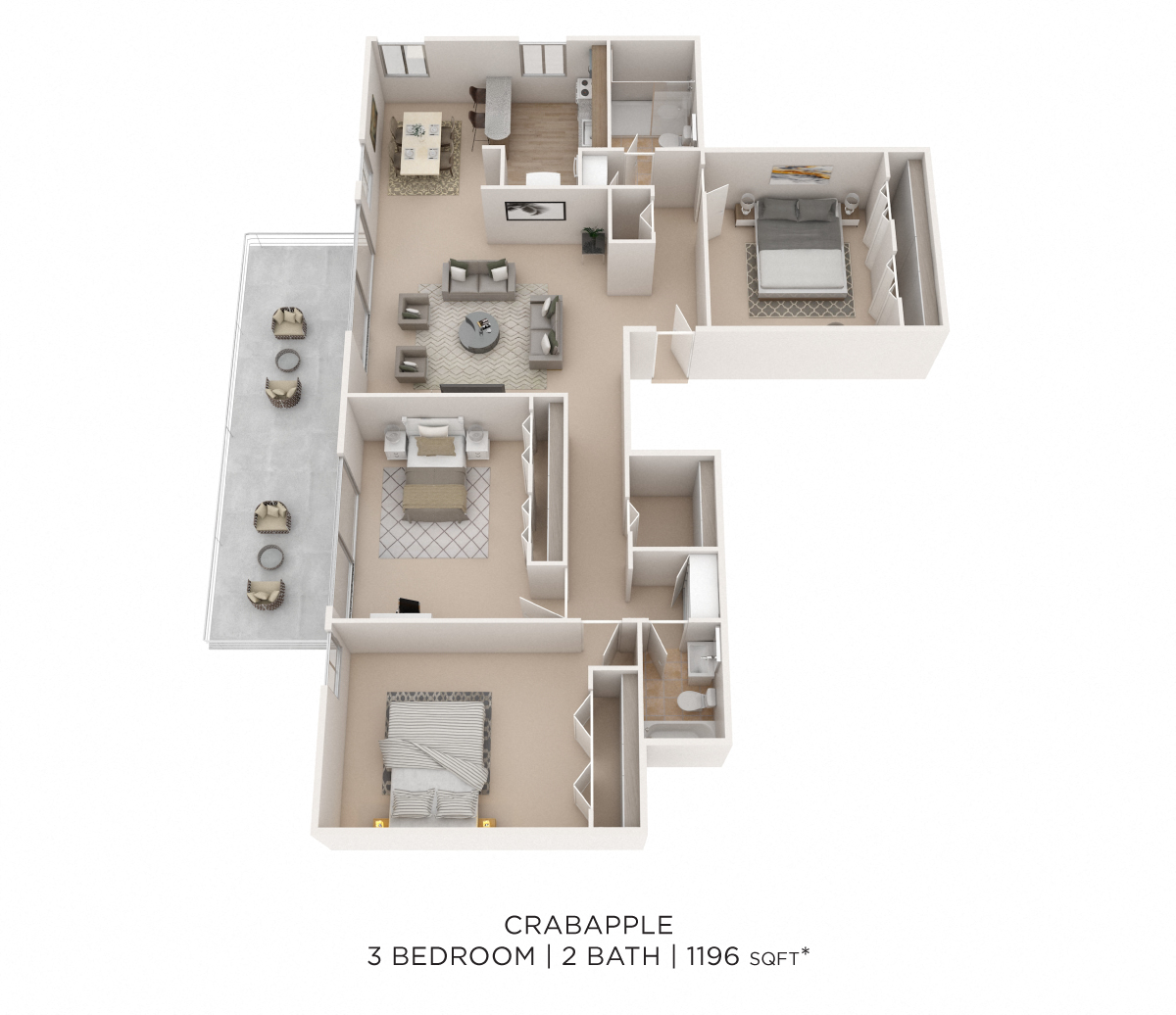 Three Bedroom 2 Bath - 1,196 sqft