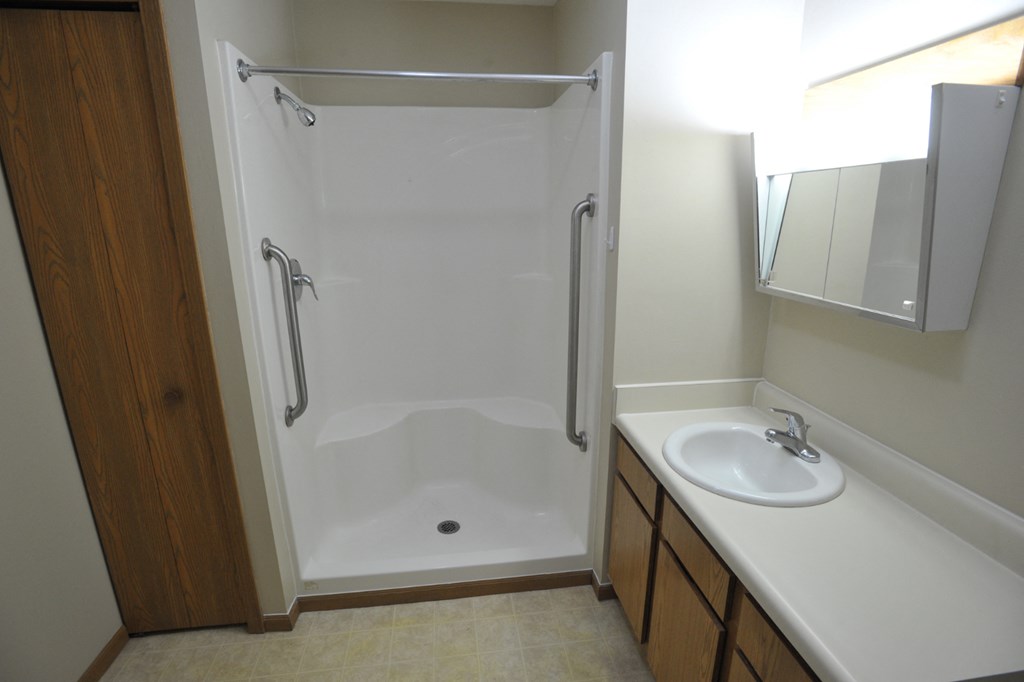 a small bathroom with a shower and a sink