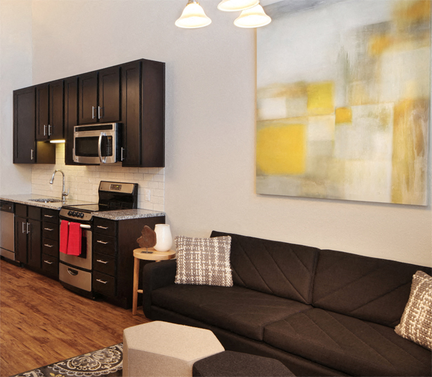 a living room with a couch and a kitchen with black cabinets