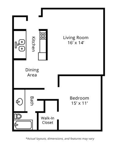 1 Bedroom Floor Plan.  Brighton Square Apartments.  Madison, WI.