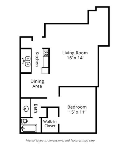 1 Bedroom Floor Plan.  Brighton Square Apartments.  Madison, WI.
