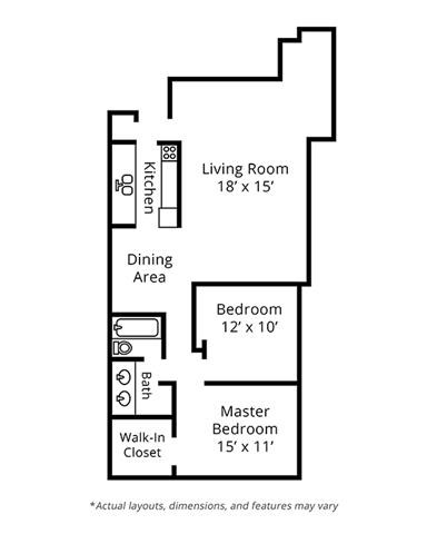 1 Bedroom Floor Plan.  Brighton Square Apartments.  Madison, WI.