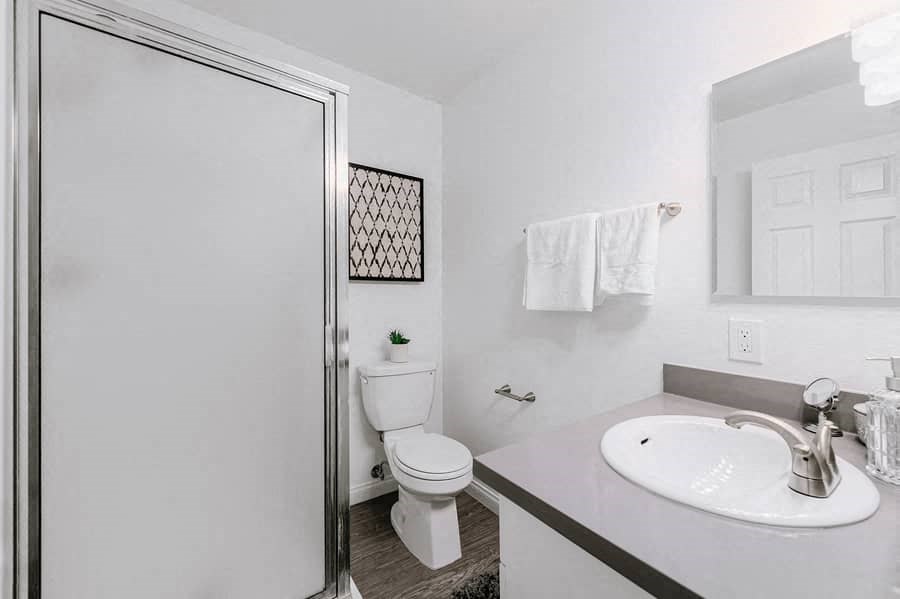 a bathroom with a toilet and a sink and a shower