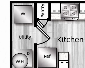 A1 floor plan, One bedroom, one bathroom. One bedroom, one bathroom, Kitchen, Living room dining room, Walk in closet, coat closet, laundry room, and HVAC room.