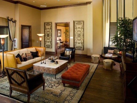 a living room with a couch and a table