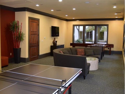 a living room with a ping pong table