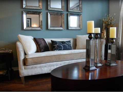 a living room with a couch and a table