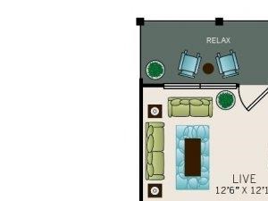 One bedroom, one bathroom, Phase I Garden A1 floor plan, 672 square feet. One bedroom, one bathroom, one walk in closet, laundry room, hvac room, pantry, living room, kitchen Phase I Garden A1 floor plan, 672 square feet.