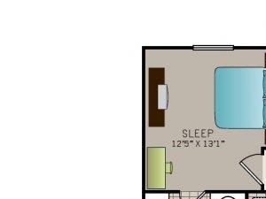 One bedroom, one bathroom, Phase I Garden A2 floor plan, 749 square feet. One bedroom, one bathroom, one walk in closet, laundry room, hvac room, pantry, living room, kitchen Phase I Garden A2 floor plan, 749 square feet.
