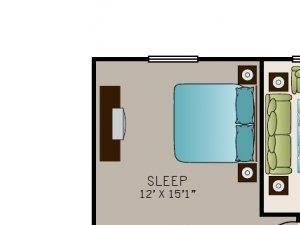 One bedroom, one bathroom Phase I Garden A4 floor plan, 847 square feet. One bedroom, one bathroom, one walk in closet, laundry room, hvac room, pantry, living room, kitchen Phase I Garden A4 floor plan, 847 square feet.