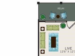 One bedroom, one bathroom.Garden A1 floor plan, 676 square feet. One bedroom, one bathroom, one walk in closet, laundry room, hvac room, pantry, living room, kitchen Phase II Garden A1 floor plan, 676 square feet.