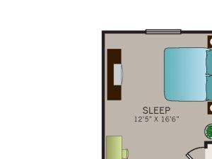 One bedroom, one bathroom, Phase II Garden A2 floor plan, 787 square feet. One bedroom, one bathroom, one walk in closet, laundry room, hvac room, pantry, living room, kitchen Phase II Garden A2 floor plan, 787 square feet.