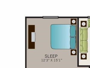 One bedroom, one bathroom, Phase II Garden A4 floor plan, 900 square feet. One bedroom, one bathroom, one walk in closet, laundry room, hvac room, pantry, living room, kitchen Phase II Garden A4 floor plan, 900 square feet.