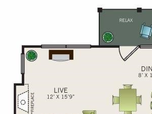 Two bedroom, two bath, 1172 square feet Phase II Garden B2 floor plan. Two bedroom, two bath, kitchen, pantry, coat closet, living/dining room, two walk in closets, linen closet and laundry room. 1172 square feet Phase II Garden B2 floor plan.