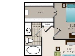 Two bedroom, two bath,1163 square feet B2 floor plan. Two bedroom, two bath, kitchen, pantry, coat closet, living/dining room, two walk-in closets, linen closet and laundry room. 1163 square feet B2 floor plan.