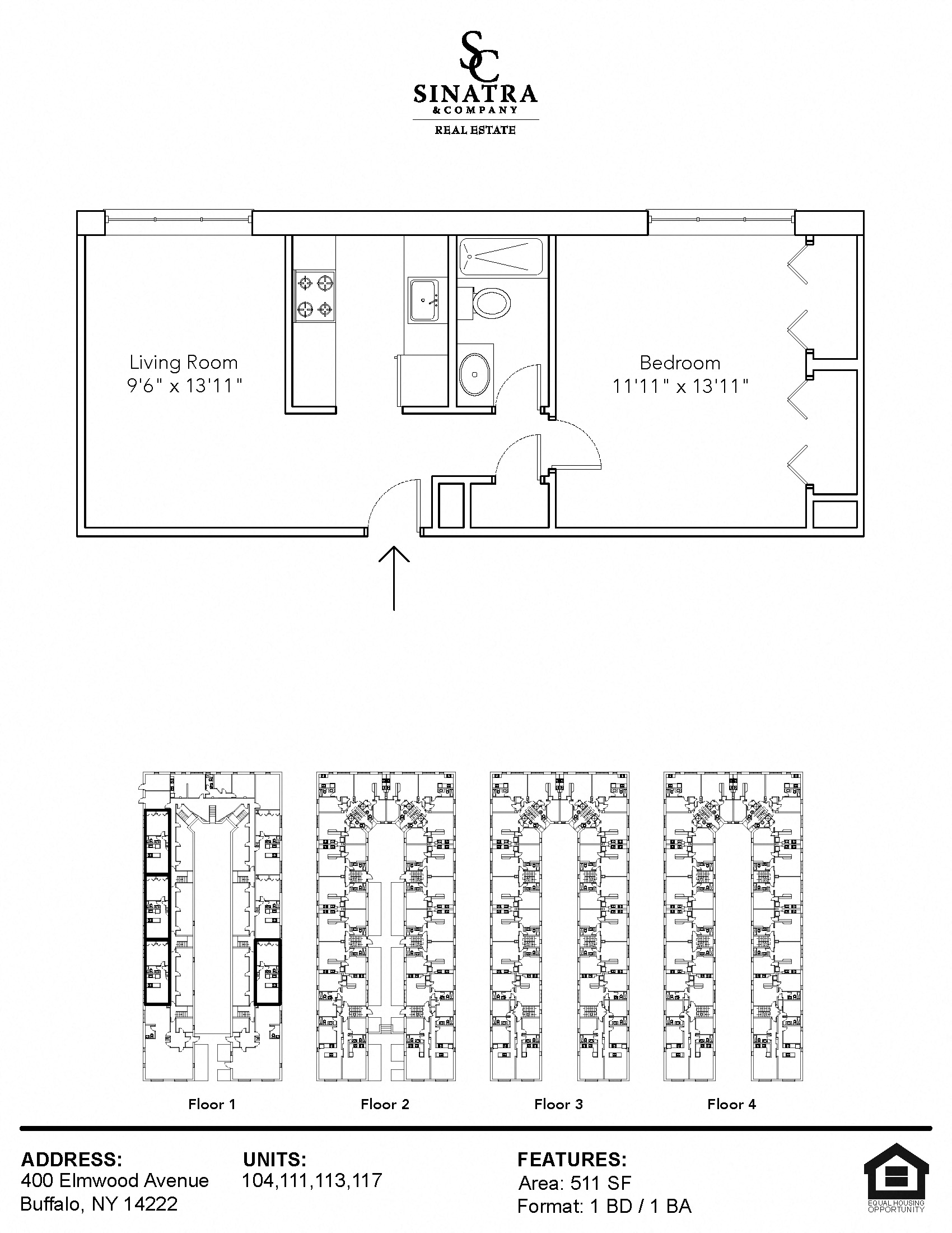 400 Elmwood 1 Bed Floor Plan 1