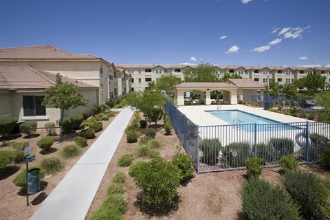 an aerial view of a yard with a pool and buildings