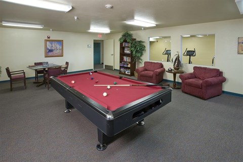 a red and black pool table in a room