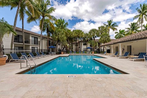 A swimming pool surrounded by palm trees and lounge chairs.