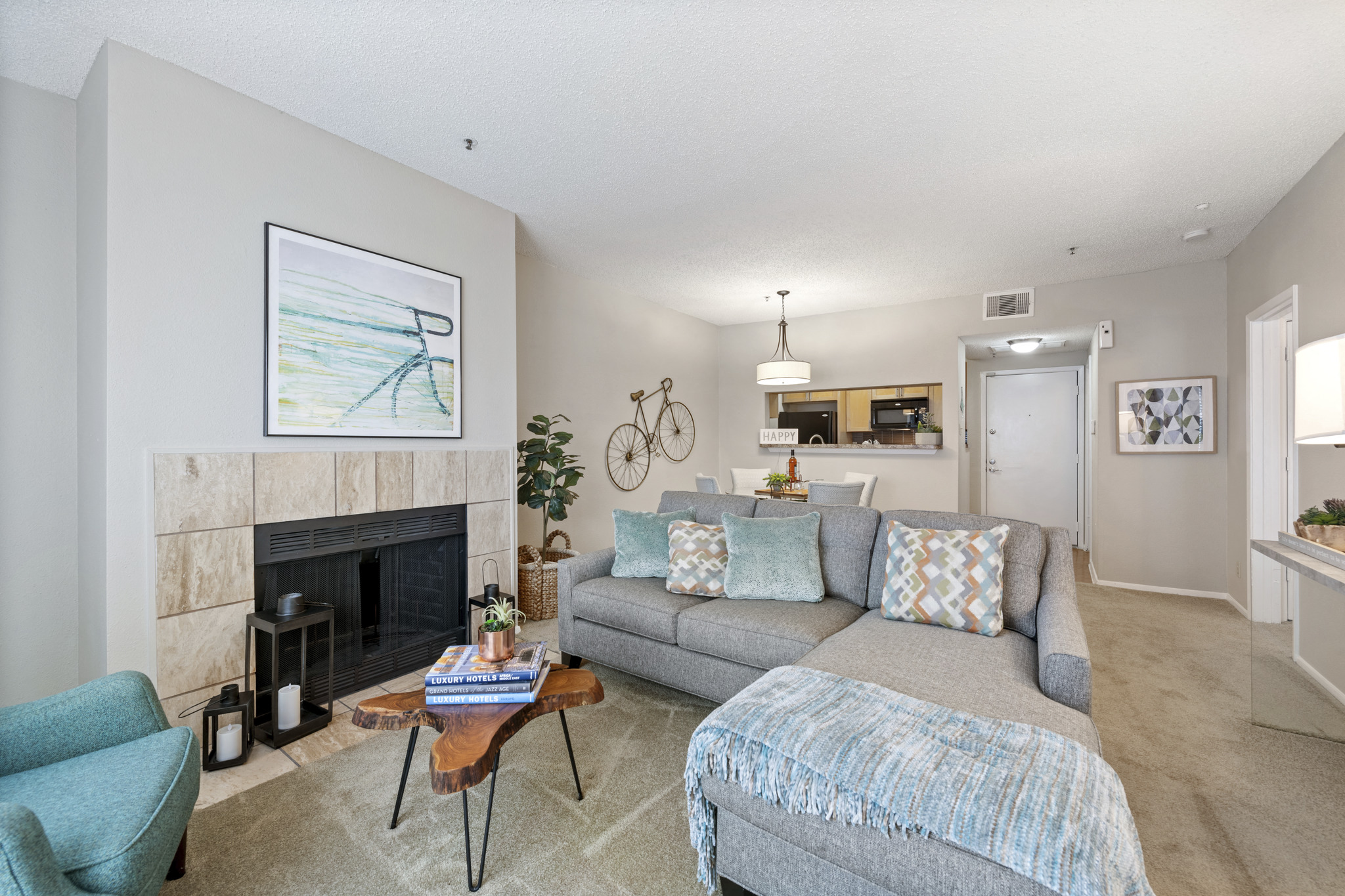 a living room with a couch and a chair and a fireplace