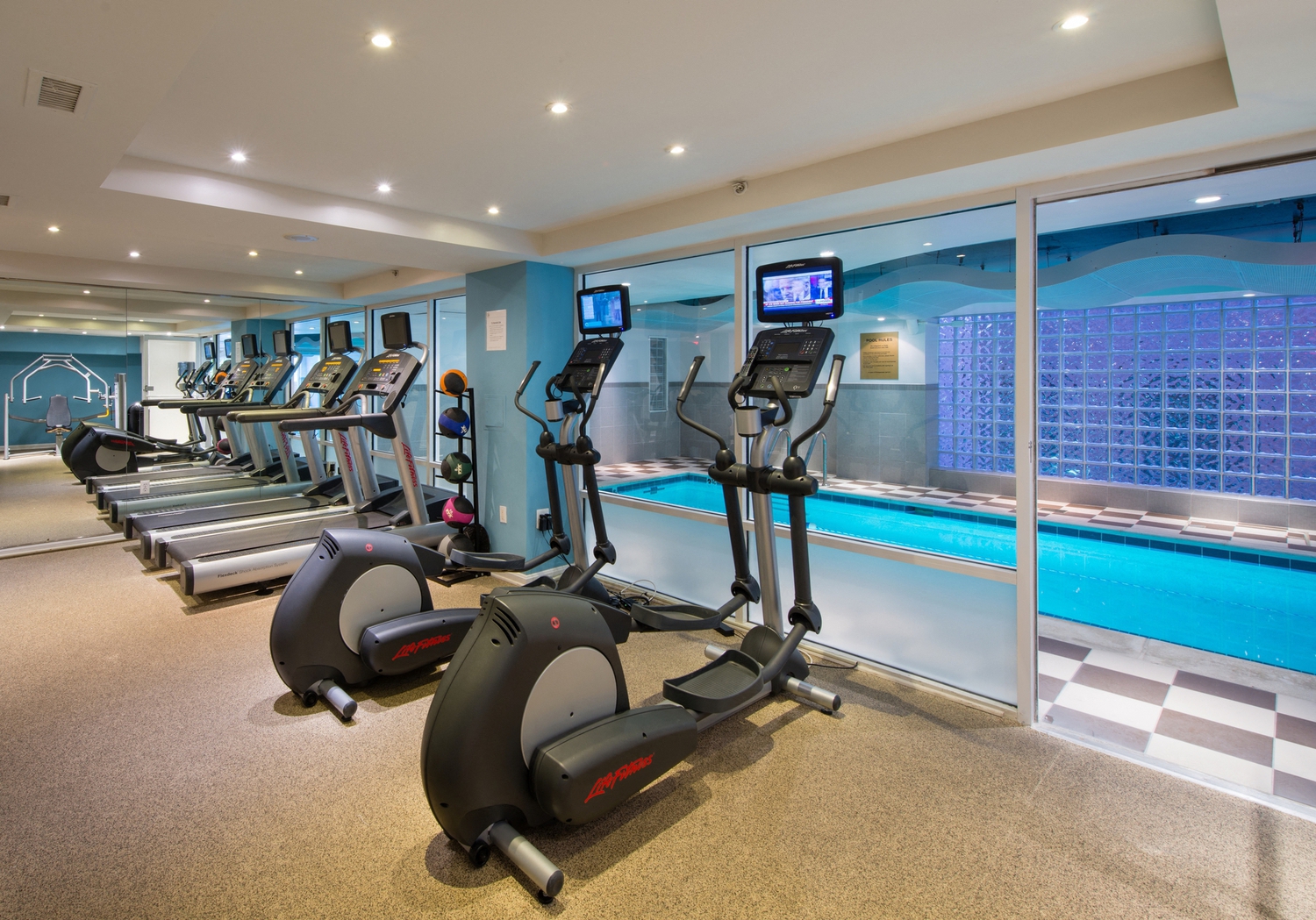 a gym with cardio machines and a pool