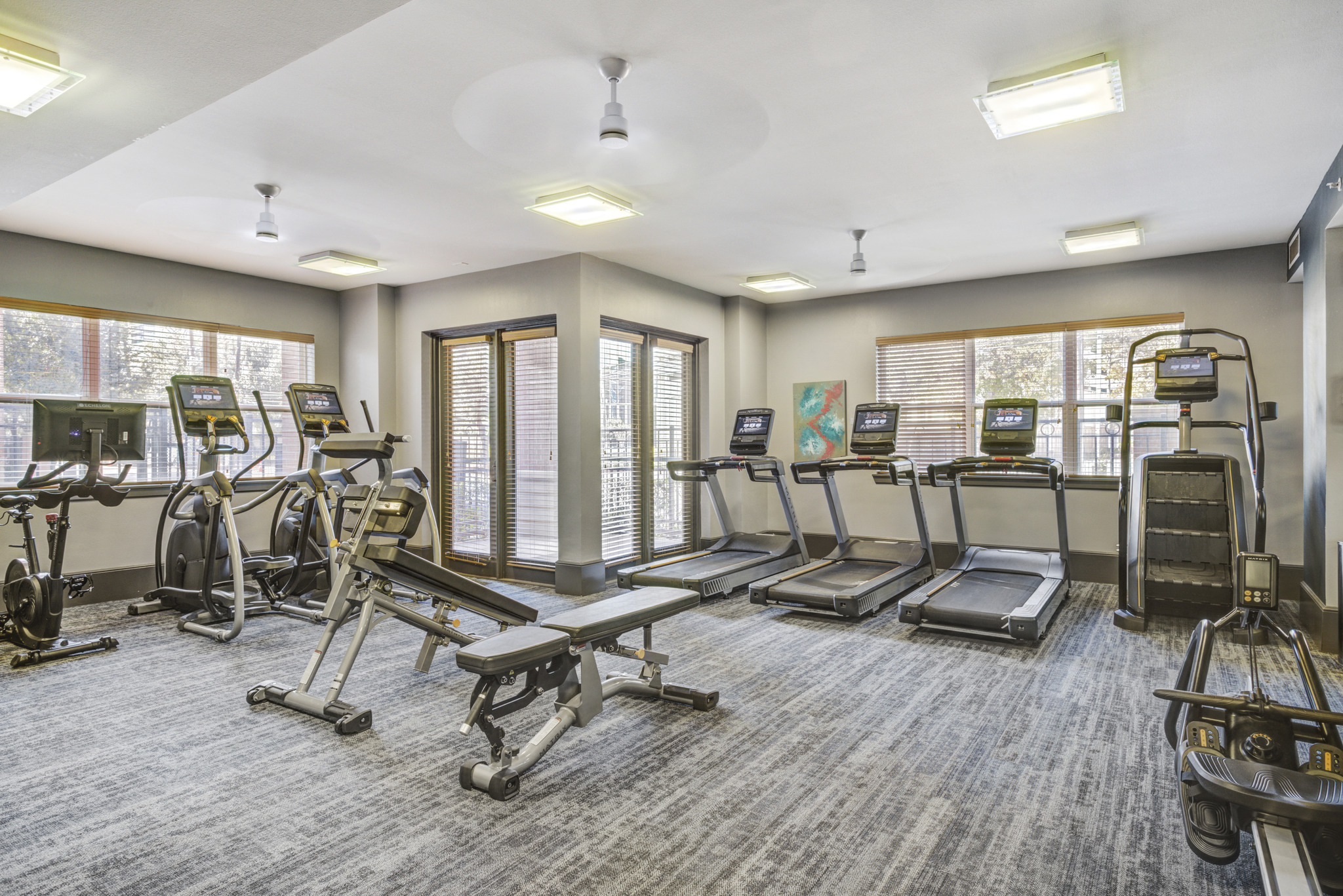 a fitness room with cardio machines and weights