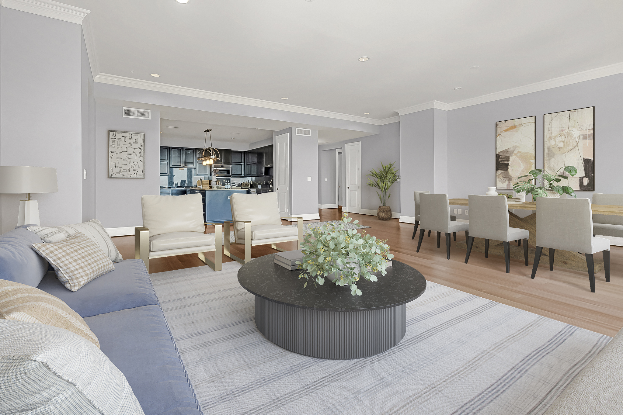 a living room with a couch and a table