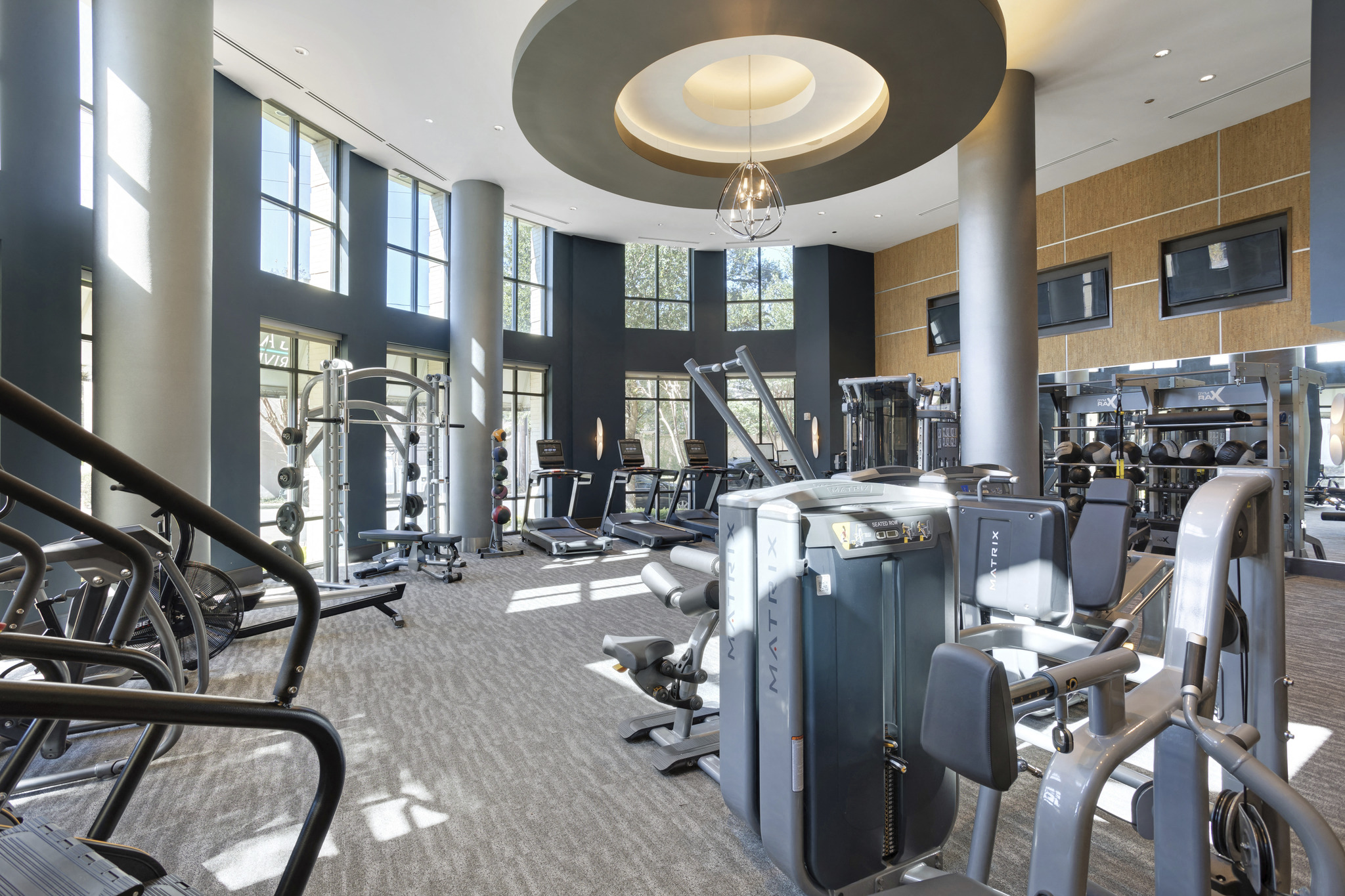 a gym with weights and cardio machines and a chandelier