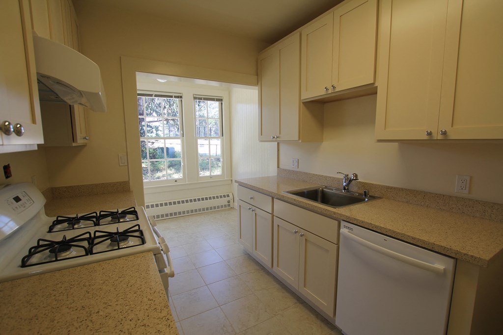 a kitchen with white cabinets and a sink and a stove