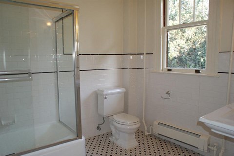 a bathroom with a toilet and a shower