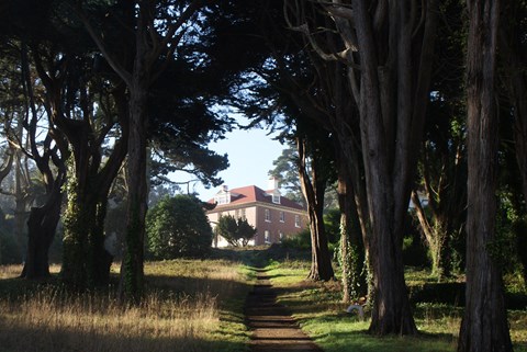 a path leading up to a brick house through trees