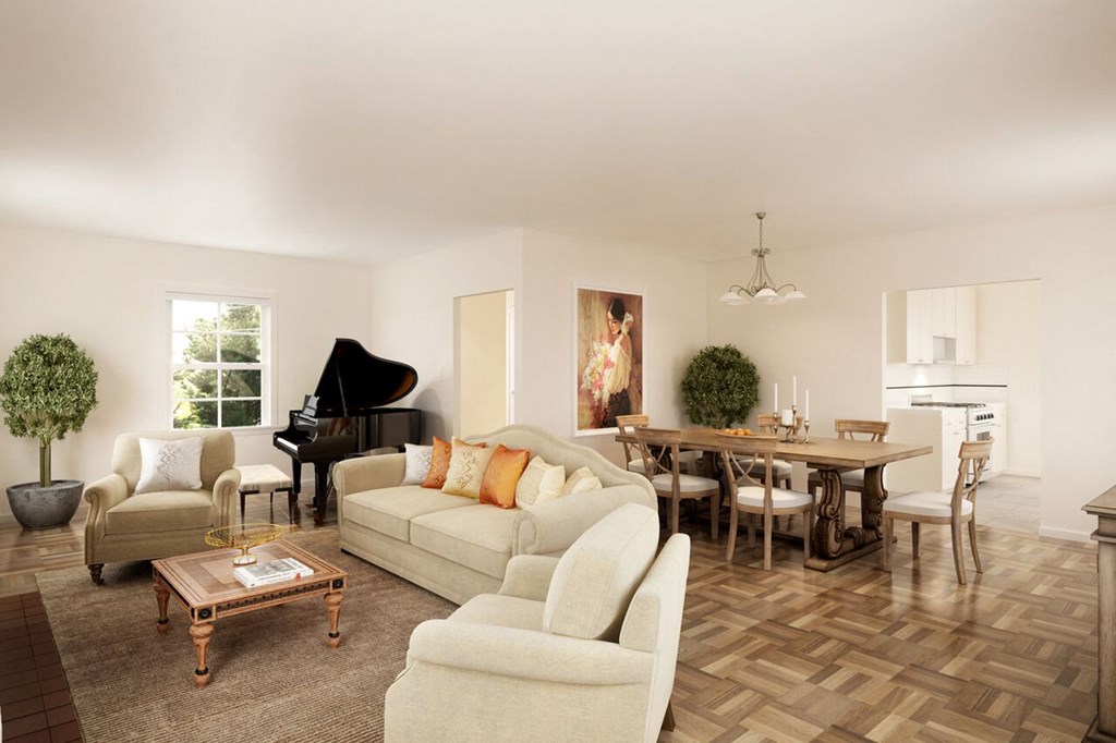 a living room with a couch and a table and a piano