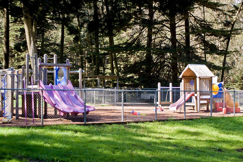 a playground with slides and other toys in a park