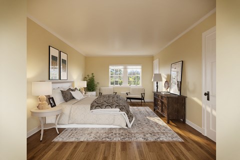 a bedroom with a bed and a dresser and a window