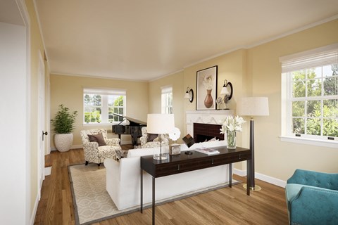 a living room with a white couch and a table