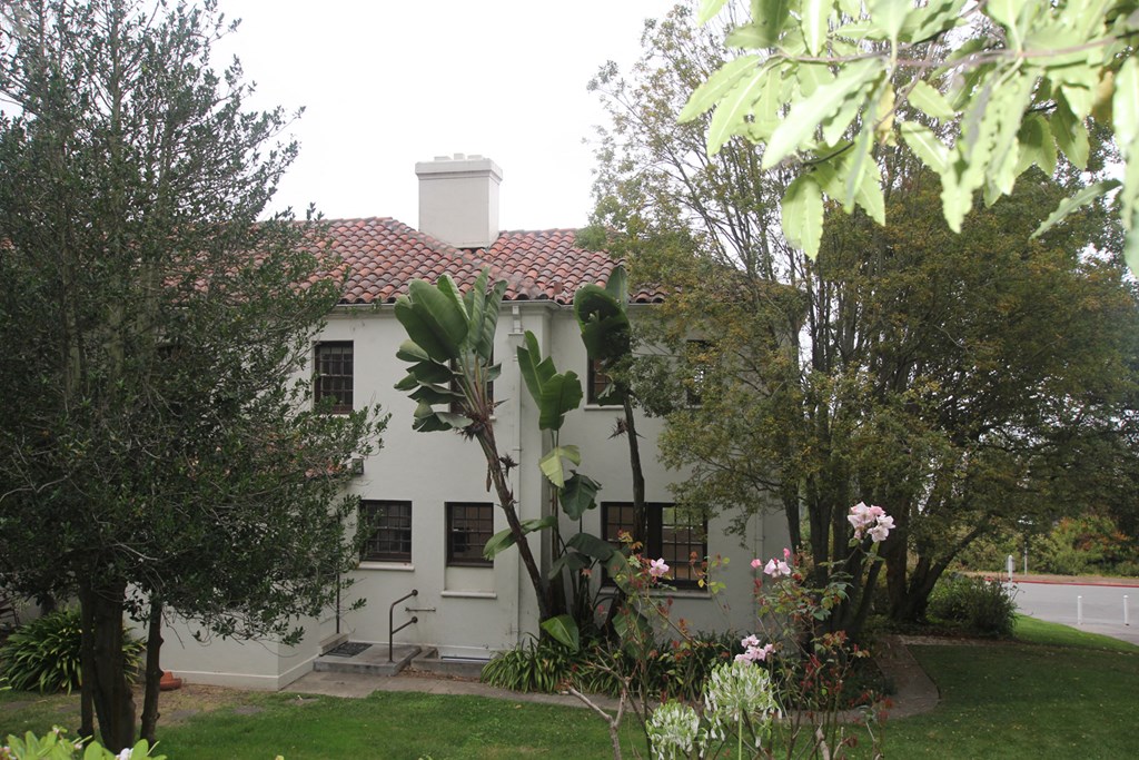 a white house with a garden in front of it