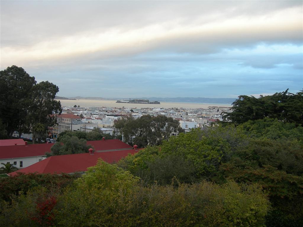 a view of the city and the ocean from a hill