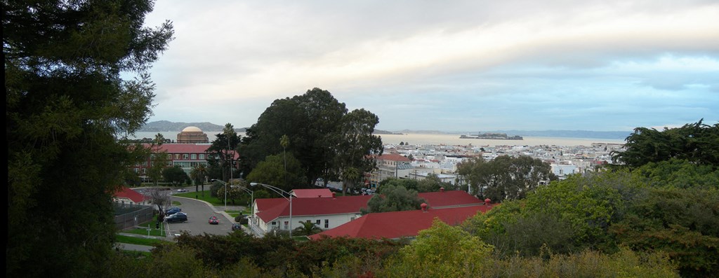 a view of a city and the water from a hill